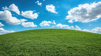 Fototapeta premium A vibrant green hill under a clear blue sky dotted with fluffy white clouds, creating a serene and picturesque landscape.