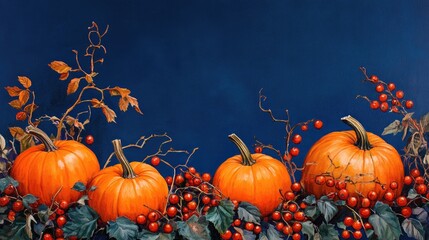 Vibrant orange pumpkins nestled among clusters of autumn berries, beautifully contrasting against a rich deep blue background.