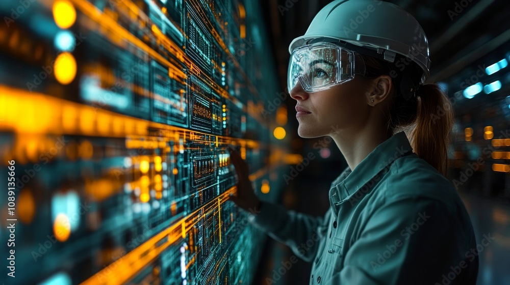 Poster engineer interacts with holographic display in a high-tech environment, analyzing data trends