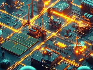 Glowing Futuristic Renewable Energy Grid in Smart City with Interconnected Power Sources