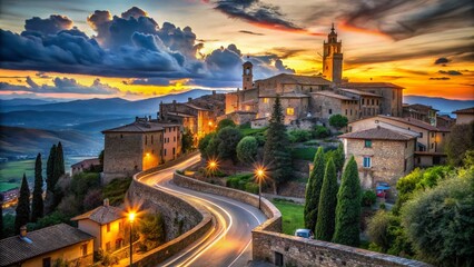 Fototapeta premium Captivating Long Exposure of Historic Buildings in Montalcino, Showcasing Timeless Architecture Against a Stunning Twilight Sky