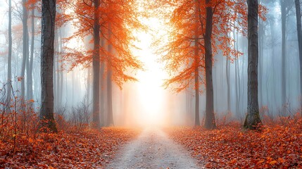 Obraz premium Autumn walk through misty forest path fall landscape nature photography serene atmosphere scenic view
