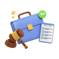 Blue briefcase with a gavel and checklist, representing business law, compliance, legal requirements, and organized management in professional settings.3D rendering illustration of an icon
