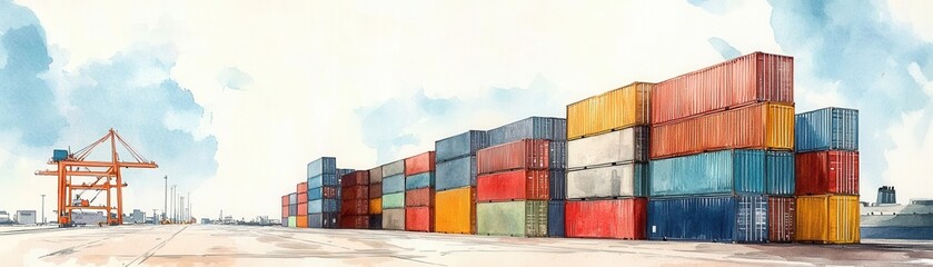 Fototapeta premium Transportation and distribution concept featuring vehicles. A colorful watercolor depiction of stacked shipping containers at a port, surrounded by a clear sky, conveying industry and trade
