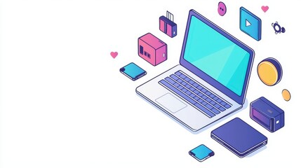 Creative Digital Workspace with Laptops and Colorful Icons Representing Technology and Media in a Modern Flat Design Style for Contemporary Use