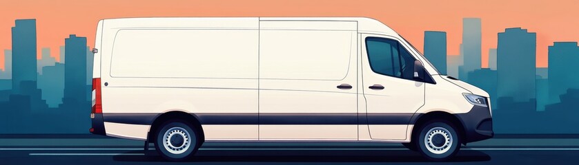 Transportation and distribution concept featuring vehicles. A side view of a white van against an urban skyline, set during sunset, highlighting its modern design and utility