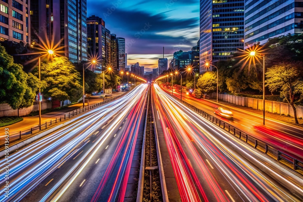 Poster captivating long exposure traffic light trails in urban nightscape timelapse, showcasing dynamic mov