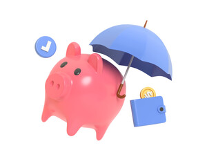 Pink piggy bank under an umbrella with wallet and checkmark, representing financial security, insurance, savings protection, and personal wealth management.3d render icon illustration
