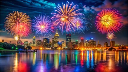 Fototapeta premium Captivating Low Light Photography of 4th of July Fireworks Display Over a Vibrant City Skyline at Night with Colorful Explosions Lighting Up the Sky and Reflecting in Water