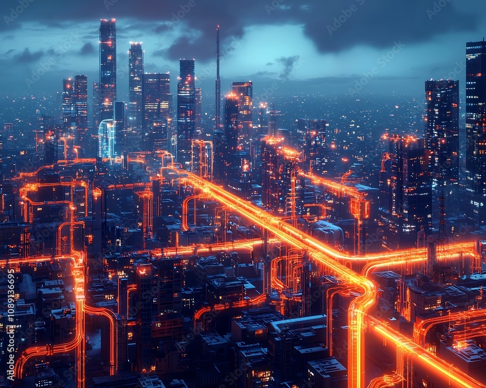 Poster illuminated urban landscape with glowing pipelines representing interconnected systems