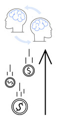 Two human heads with brains and arrows indicating knowledge exchange, coins dropping into a rising arrow. Ideal for education, partnership, investment, growth, development, business, and strategy