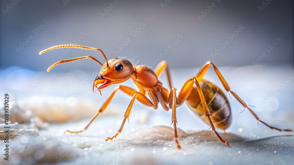 Poster captivating low light photography of an ant on a white background, showcasing intricate details and 