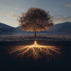 Glowing Tree Symbolizing Sustainable Resource Management in Barren Landscape