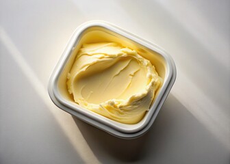 Captivating Low Light Photography of an Opened Butter Tub on a White Background with Soft Shadows and Delicate Highlights, Perfect for Culinary and Food Styling Projects