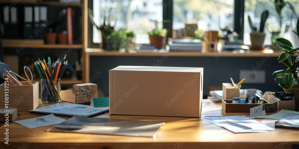 Poster a creative workspace featuring a box mock-up surrounded by product samples and sketches