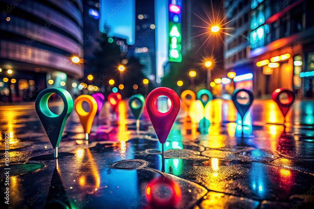Poster captivating low light photography of gps location pins and map pointers, isolated elements for trave