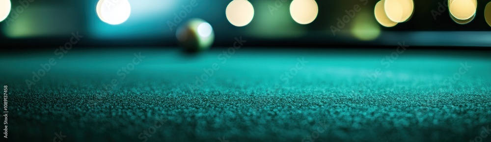 Aufkleber A close-up view of a pool table with a cue ball in focus and blurred lighting in the background.