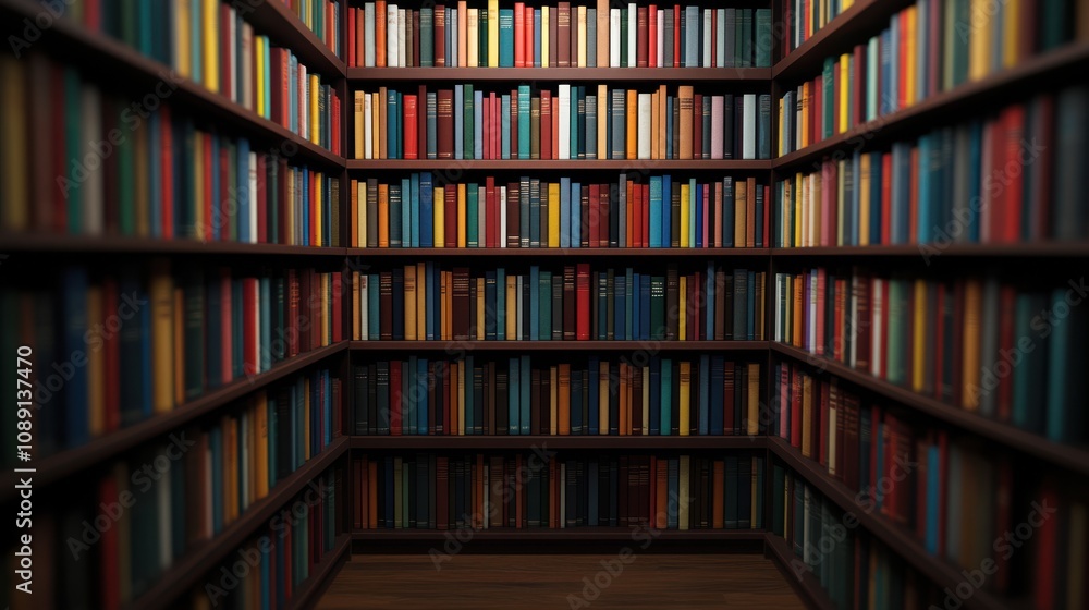 Poster a cozy library corner filled with colorful books neatly arranged on wooden shelves, creating an invi