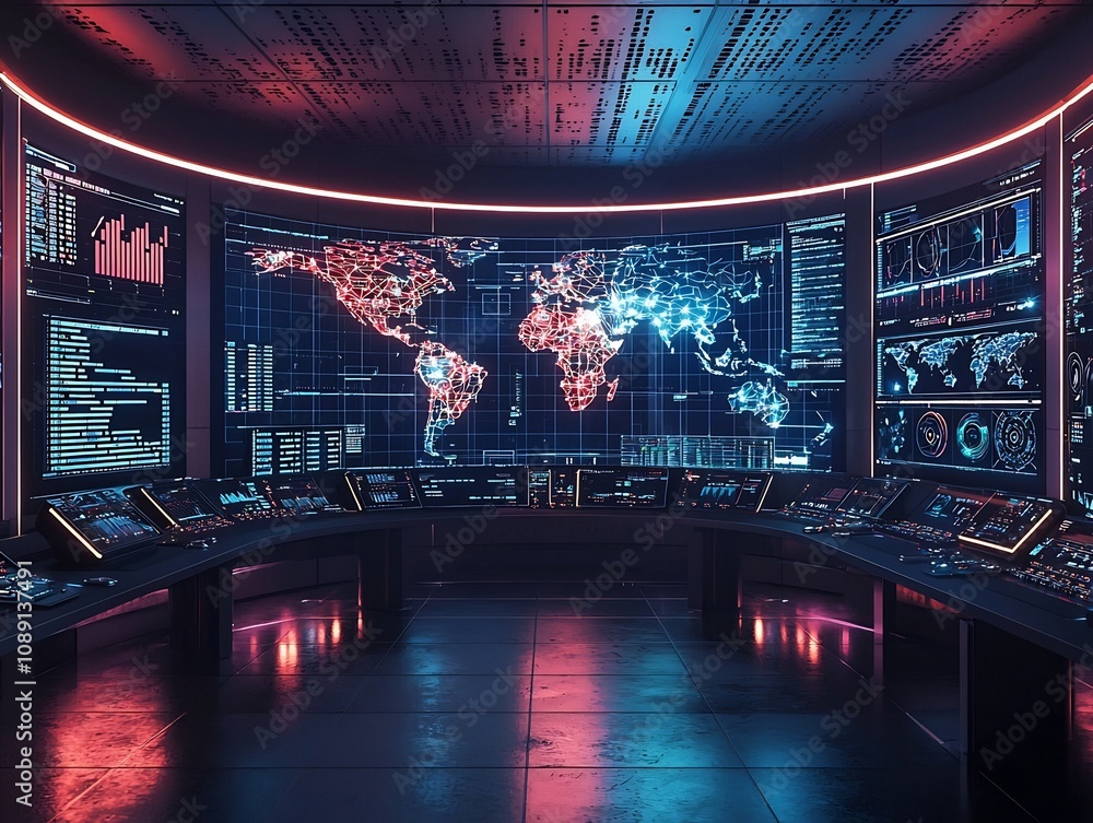 Aufkleber futuristic control room with glowing global energy data streams and resource management visualizatio