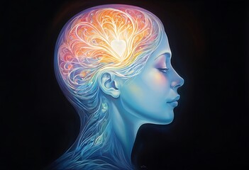 Obraz premium Silhouette of a Human Head with a Glowing brain and Pastel Swirls