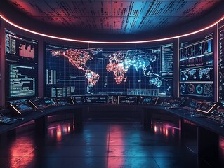 Futuristic Control Room with Glowing Global Energy Data Streams and Resource Management Visualization