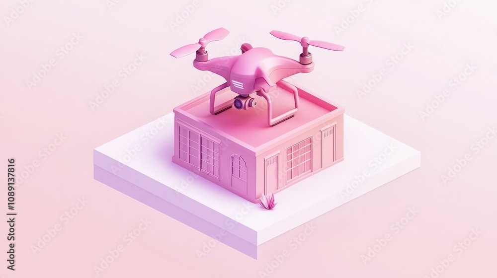 Poster A pink drone positioned atop a stylized building in a soft gradient background.
