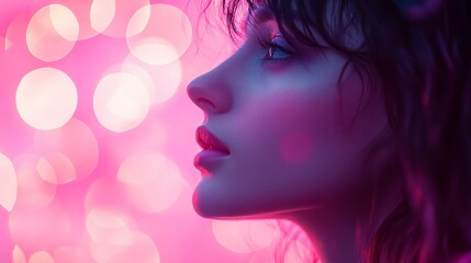 Profile of a fashion model illuminated by pink and blue neon lights, creating a vibrant and stylish atmosphere