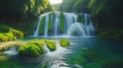 Obraz premium Waterfall in a Lush Green Forest