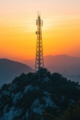 A communication tower stands on a hilltop at sunset, silhouetted against a vibrant orange sky and distant mountains.