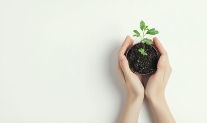 Two hands softly cradling a tiny plant with soil on a white background, with space for text