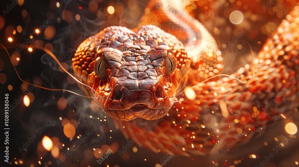 Poster a close-up of a snake with a fiery background. the snake's scales and eyes are illuminated by the fi