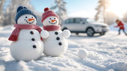 Fototapeta premium Winter fun with snowmen and family playtime snowy landscape photography joyful atmosphere