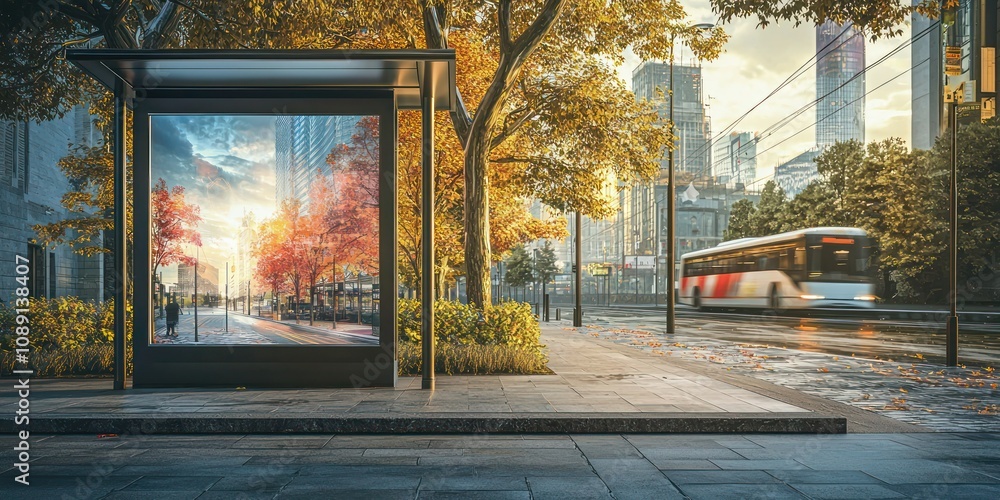 Aufkleber a creative workspace with a digital bus shelter mock-up displayed on a screen for design review