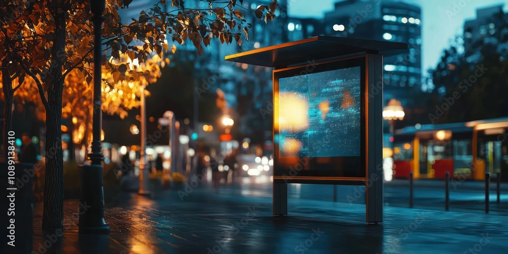 Poster a creative workspace with a digital bus shelter mock-up displayed on a screen for design review