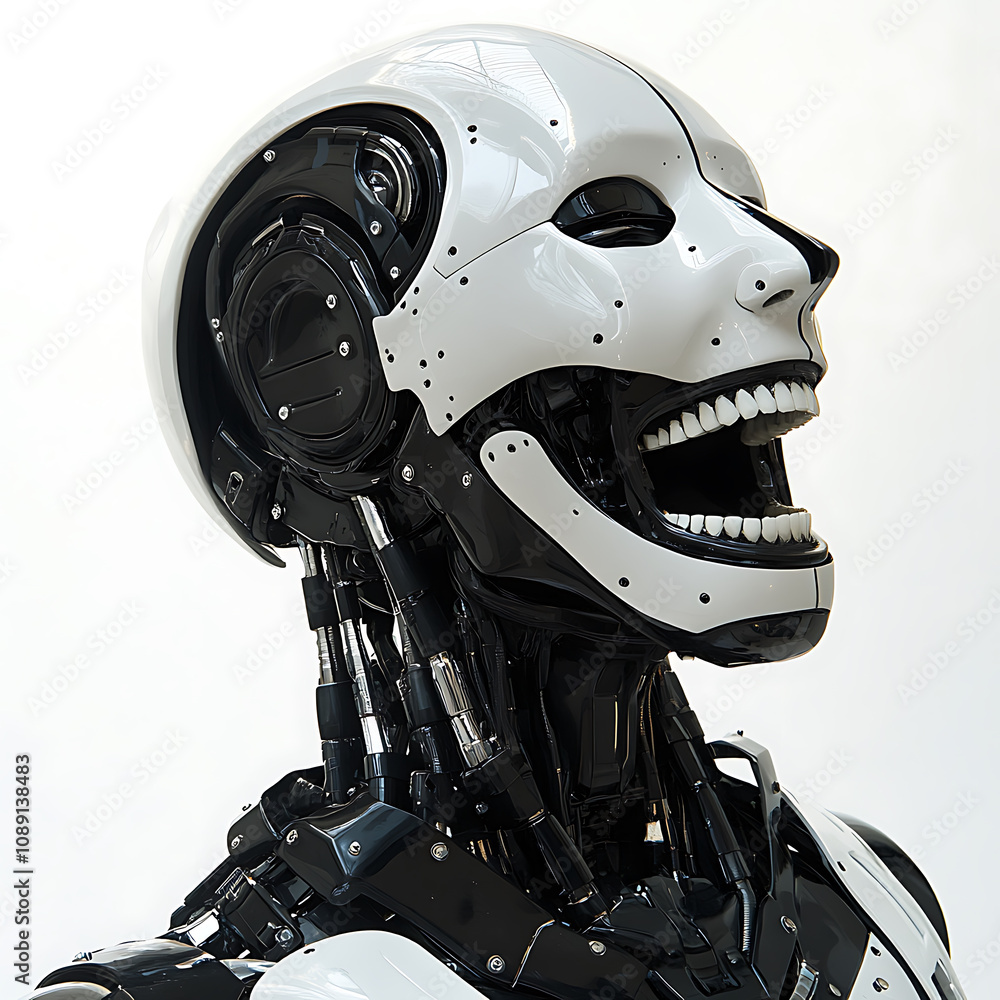 Poster futuristic cyborg with smiling face and intricate mechanical details, showcasing advanced robotics a