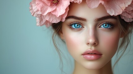 Fototapeta premium A striking portrait of a young woman with captivating blue eyes, adorned with a floral crown, exuding beauty and serenity.