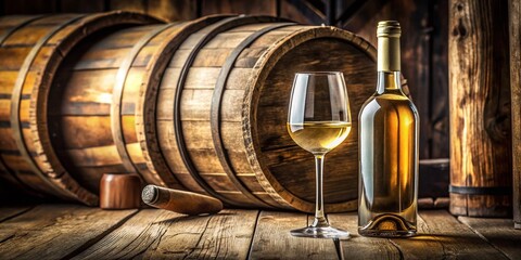 Captivating Macro Photography of a Luxury Bottle of White Wine with a Filled Glass Surrounded by Rustic Wine Barrels, Evoking Elegance and Sophistication in a Vineyard Setting