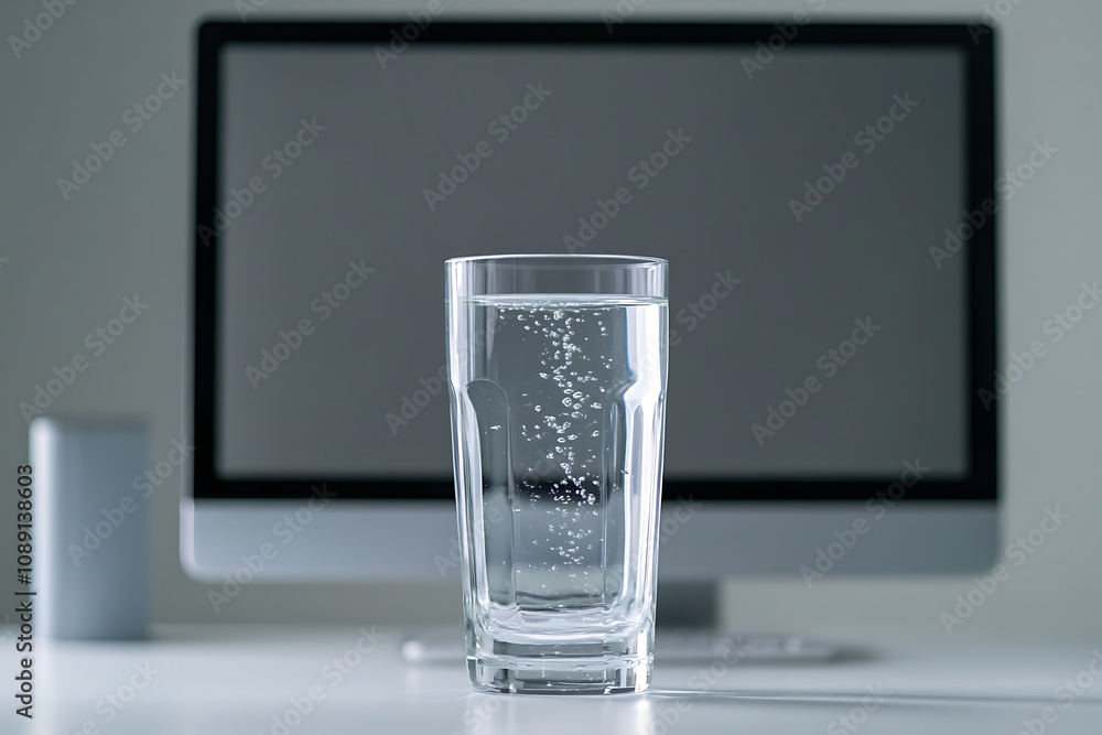 Poster clear glass of water sits on desk in front of computer monitor, creating serene workspace atmosphere