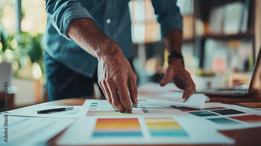Poster a designer creating a color palette for a new product launch on paper