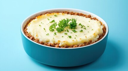 A creamy shepherd's pie with a golden mashed potato topping garnished with fresh parsley, served in a light blue dish against a pastel background.
