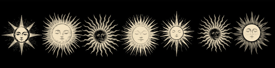 Vector illustration set of moon phases. Different stages of moonlight activity in vintage engraving style. Zodiac Signs	