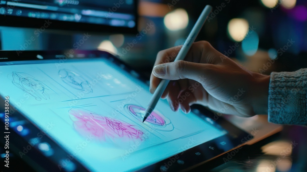 Poster a designer using a stylus to draw a logo concept on a touchscreen device