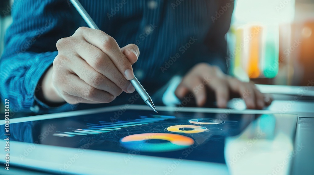 Poster a designer using a stylus to draw a logo concept on a touchscreen device