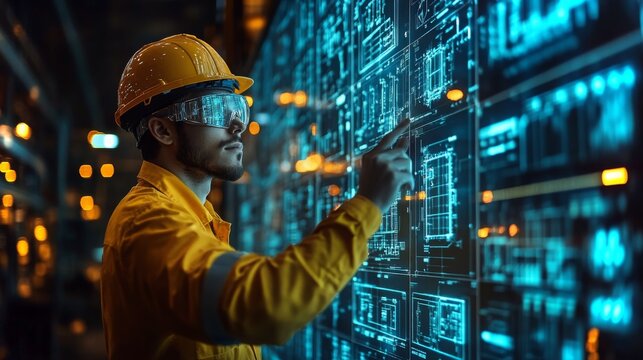 Holographic projection showcasing renewable energy solutions in a high-tech industrial facility