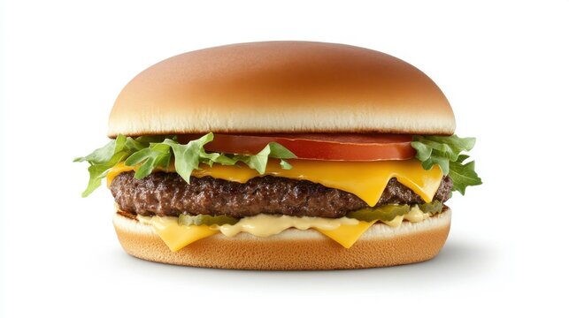 A classic cheeseburger featuring a juicy beef patty, melted cheese, fresh lettuce, tomato, and pickles in a soft bun.