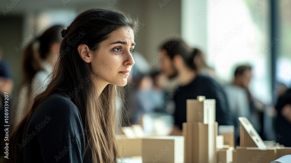 Poster a woman observes architectural models in a collaborative design environment.