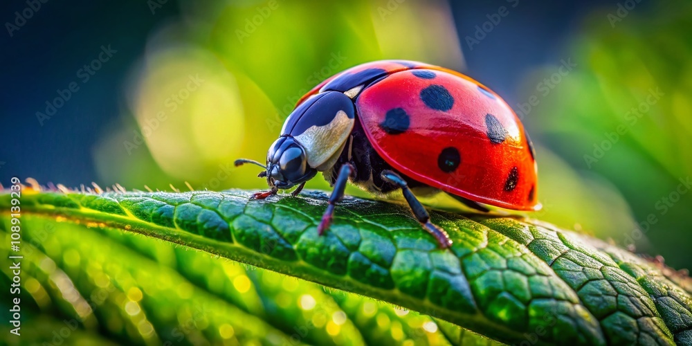 Poster captivating macro shot of a ladybug on a leaf, showcasing detailed texture and vibrant colors in a p