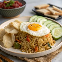 A plate of nasi goreng with a sunny-side-up egg, served with pickles and crackers