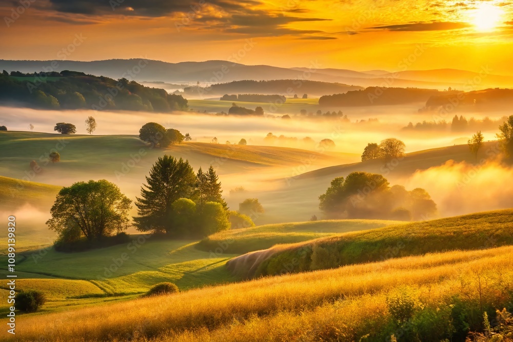 Poster captivating morning mist over golden fields at dawn with rolling hills and soft light creating a ser