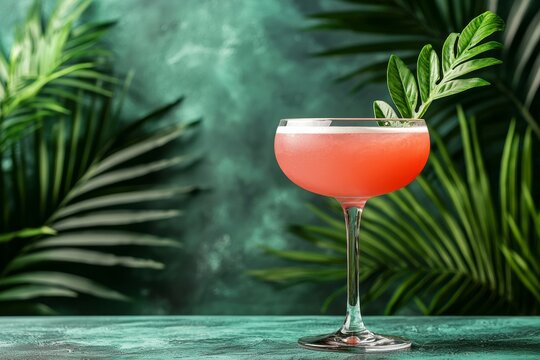 A vibrant pink cocktail garnished with foliage, set against a lush green background, perfect for tropical-themed events or summer gatherings.